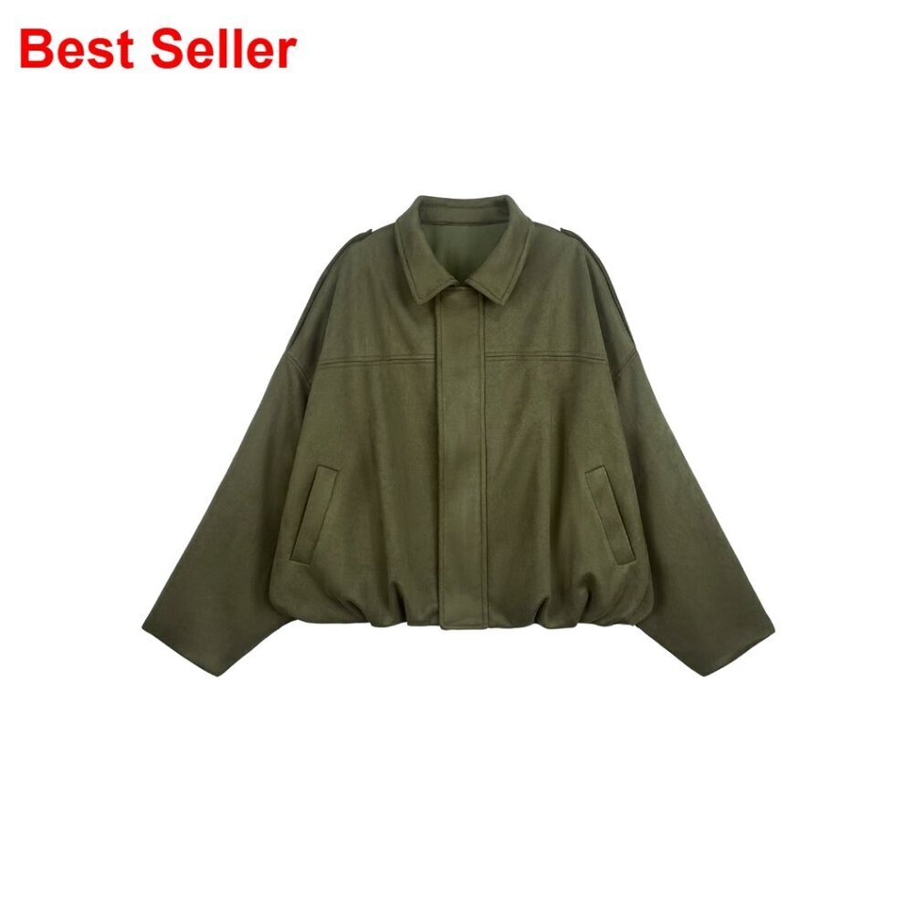 Faux Suede Bomber Jacket Cropped Oversized Pilot Coat Casual Outwear